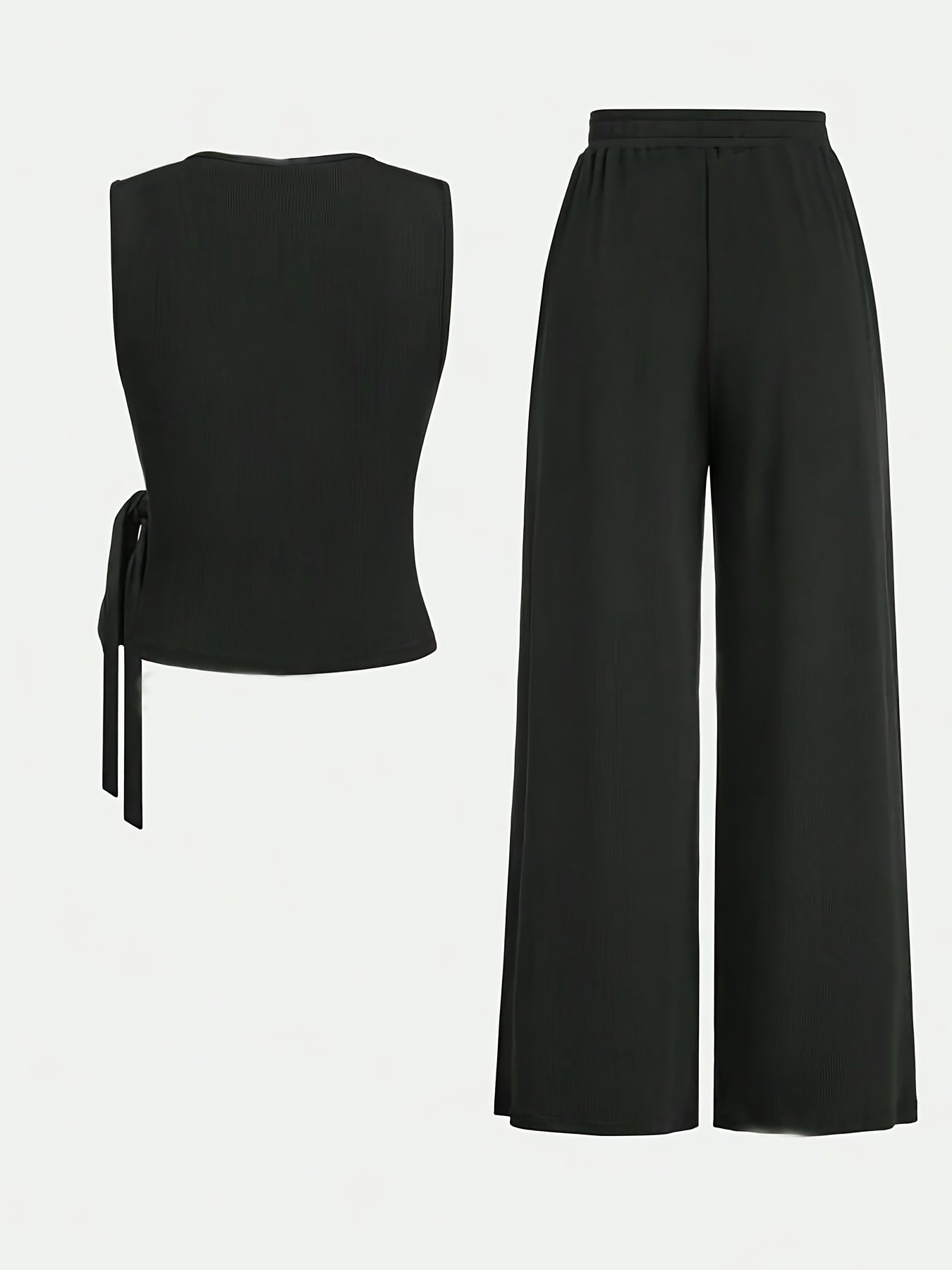 Solid color pantsuit with crew neck lace-up tank top and wide leg pants outfit for women.