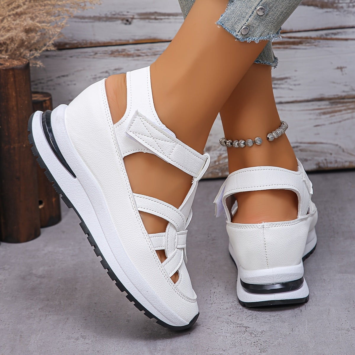 Women's fashion sneakers with solid color, platform heel, magic tape closure, man-made materials, and rubber outsole.