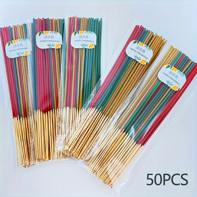 50pcs high-quality aromatherapy incense sticks with 5 scents: Dragon's Blood, Jasmine, Milk, Sandalwood, Ocean. Perfect for meditation, relaxation, deodorization, and more.