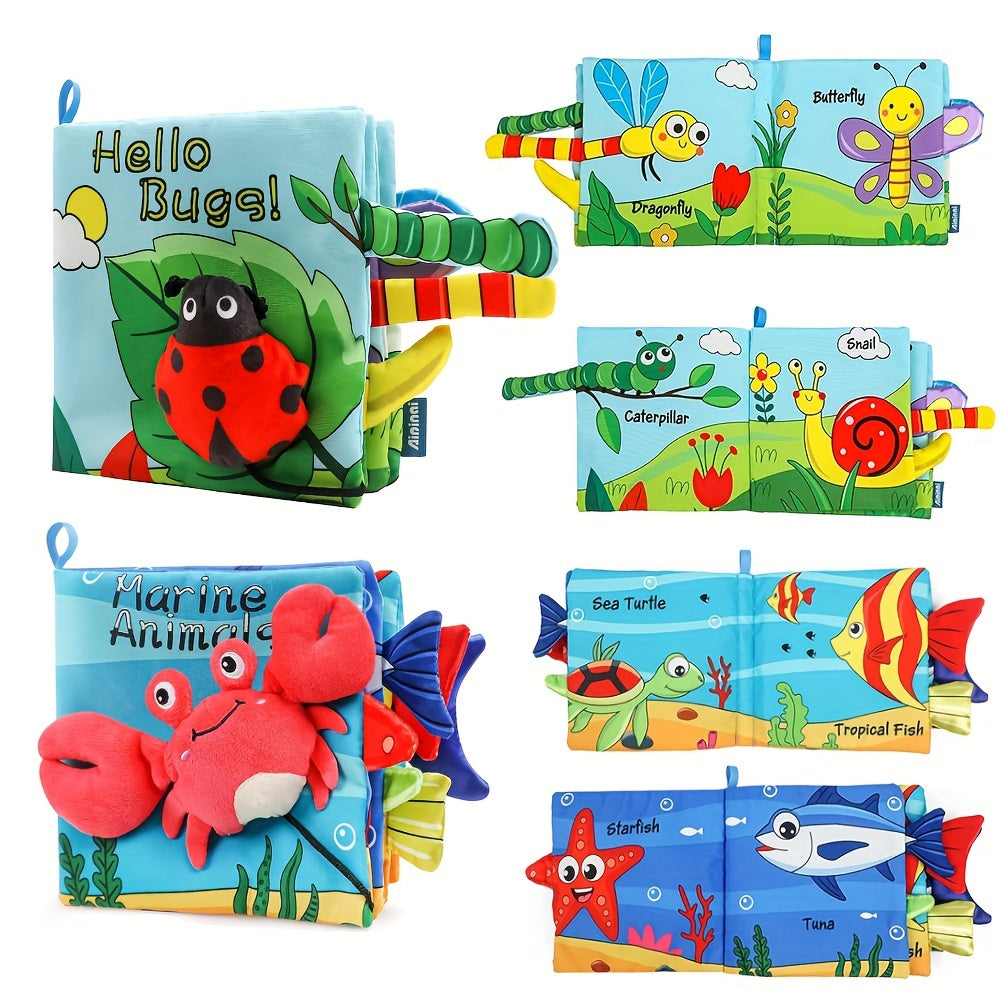 Soft crinkle books with 3D touch and high contrast colors for early education, along with shark tails teething toys and teether ring. A perfect gift for toddlers in random colors.