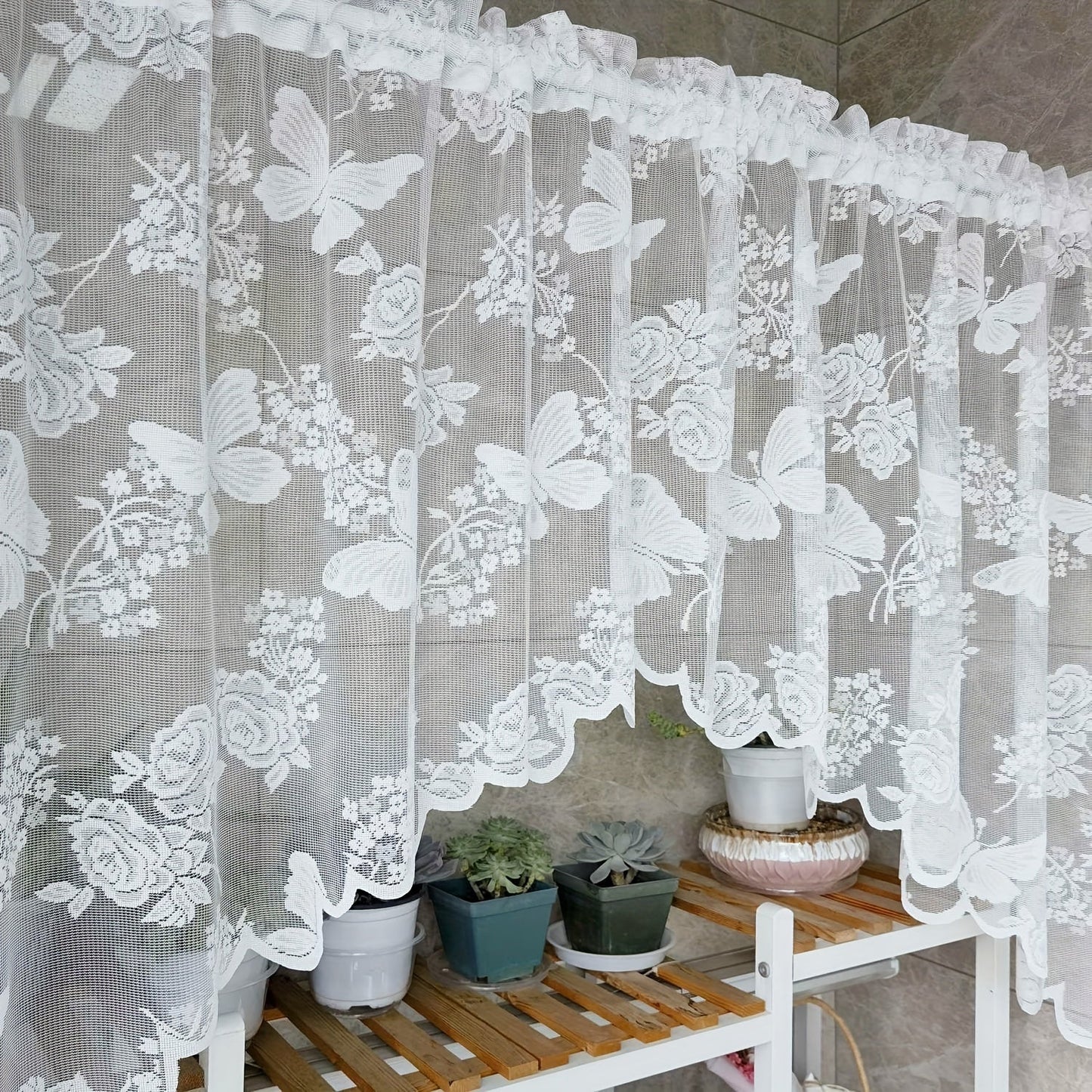 White/Blue/Purple Butterfly Flower Plant Pattern Sheer Curtain Tulle Valance with Lacework Tassel Design, Perfect for Kitchen Cafe or Bedroom. Rod Pocket Style for Easy Hanging in Bedroom, Living Room, or Home Decor.