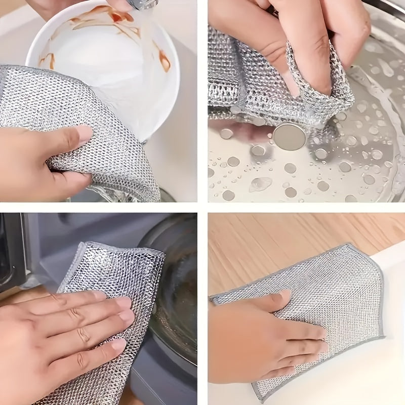 Introducing our versatile miracle cleaning cloth, made of 6/10/12 pieces of steel wire. Perfect for washing dishes with dry or wet use. This cloth won't scratch your dishes and is easy to rinse and machine washable. 20 cm in size.