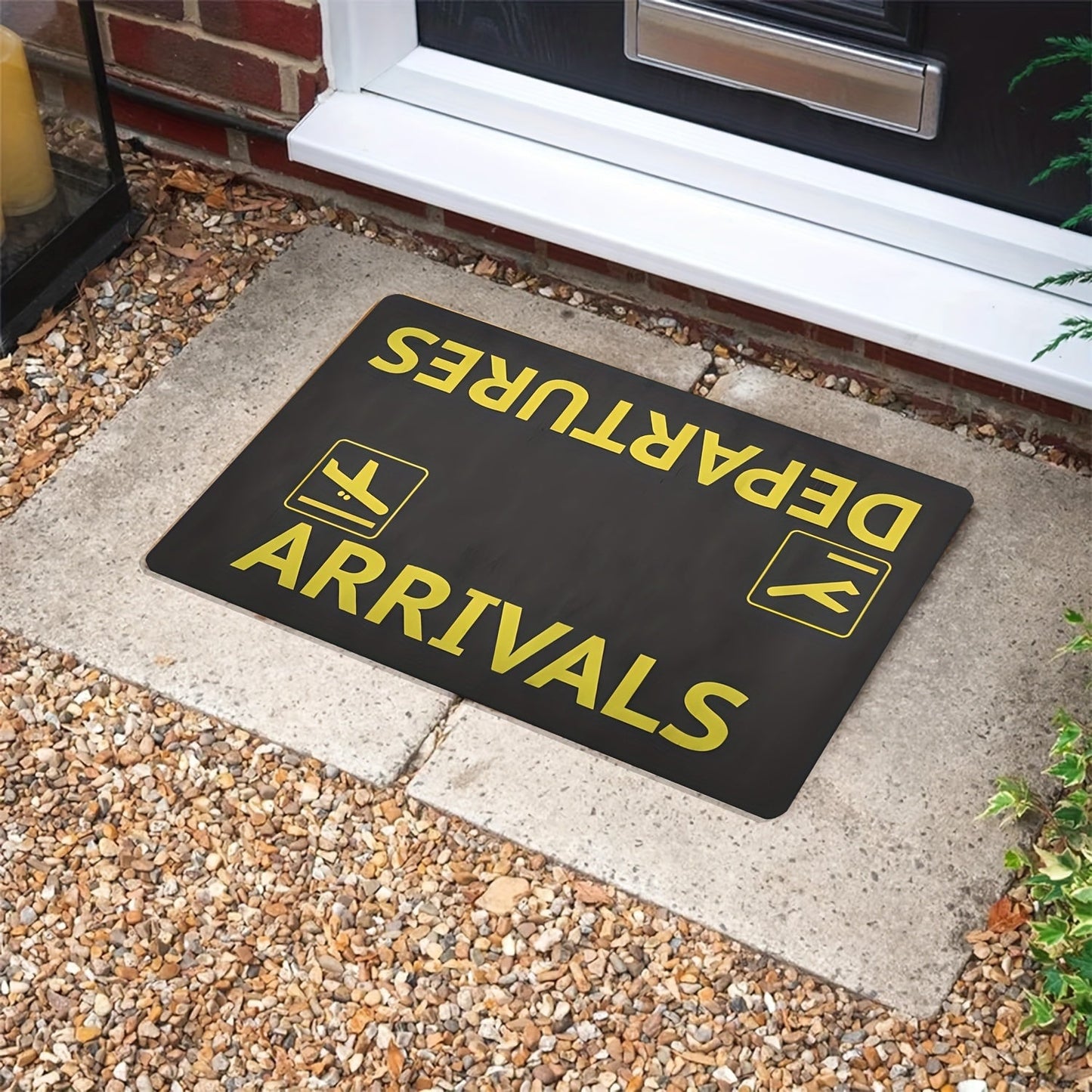 Chic Airport-Inspired Door Mat featuring Non-Slip Backing - Highly Absorbent, Easy to Clean Rug for Bedroom, Kitchen, Home Balcony & Indoor Entryway - Modern Black with Yellow Airplane Symbol Design