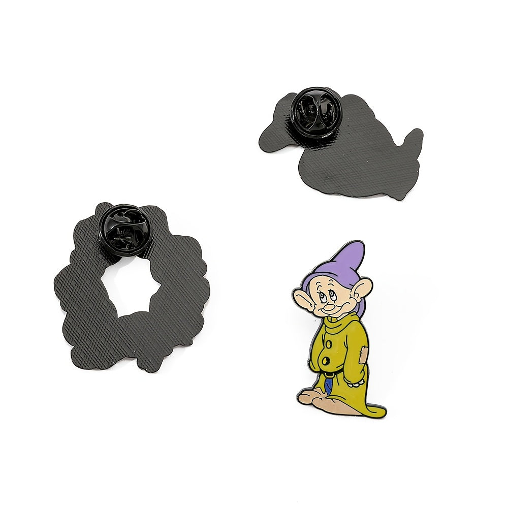 Three Disney Seven Dwarfs Enamel Pins featuring adorable cartoon characters, made from Zinc Alloy. These metal badges are perfect for adding a touch of whimsy to clothing and backpacks. They make an ideal Christmas gift or party accessory, suitable for