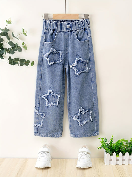 Girls' star patch straight jeans with relaxed fit and elastic waist.