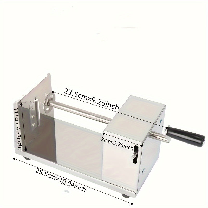 Manual potato slicer made of stainless steel with an alloy steel blade. This slicer is hand-operated and does not require any power. It has a rectangular shape and can be used to spiralize vegetables and fruits.