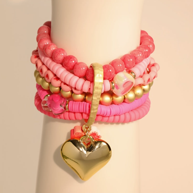 Introducing a versatile Bohemian-style bracelet made of multi-layered pink resin beads, ideal for women looking to elevate their Valentine's Day fashion. Adorned with charming heart inlays, this accessory can be worn for both casual and special