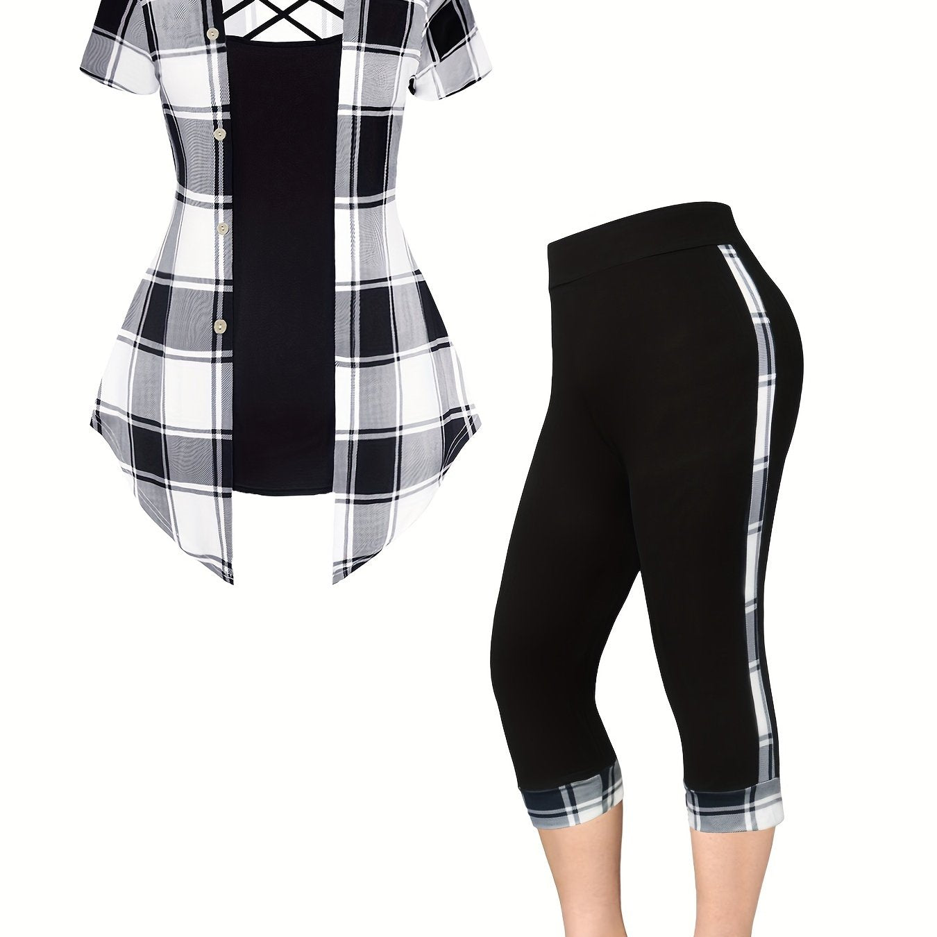 V Neck Short Sleeve Top & Capris Pants Set in Plus Size Plaid Print for Women