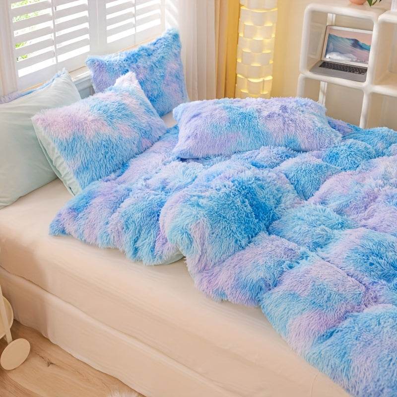 Y2K Tie Dye Plush Duvet Cover Set includes 3 pieces (1 Duvet Cover + 2 Pillowcases), providing soft and warm bedding.