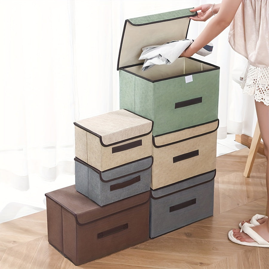 Foldable desktop storage box made from textile non-woven material, ideal for sorting clothes and household items. This two-piece storage box is perfect for keeping your items dust-proof and organized.