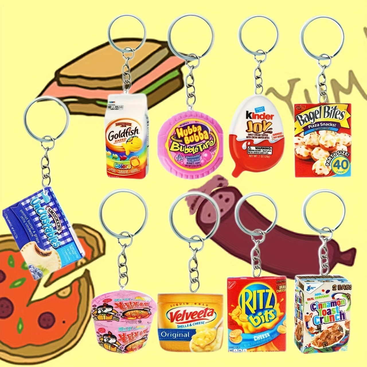 Set of 9 Novelty Snack-Themed Keychains - Cute Cartoon Designs for Women & Girls, Stylish Charms for Backpacks, made of Strong Acrylic