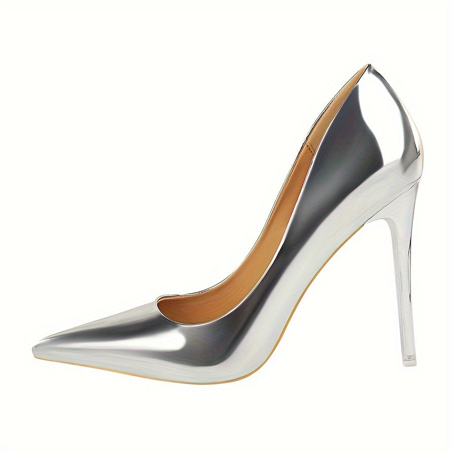 Elegant metallic stiletto heels for women with sleek pointed toe, transparent strap, and lightweight PU cover.