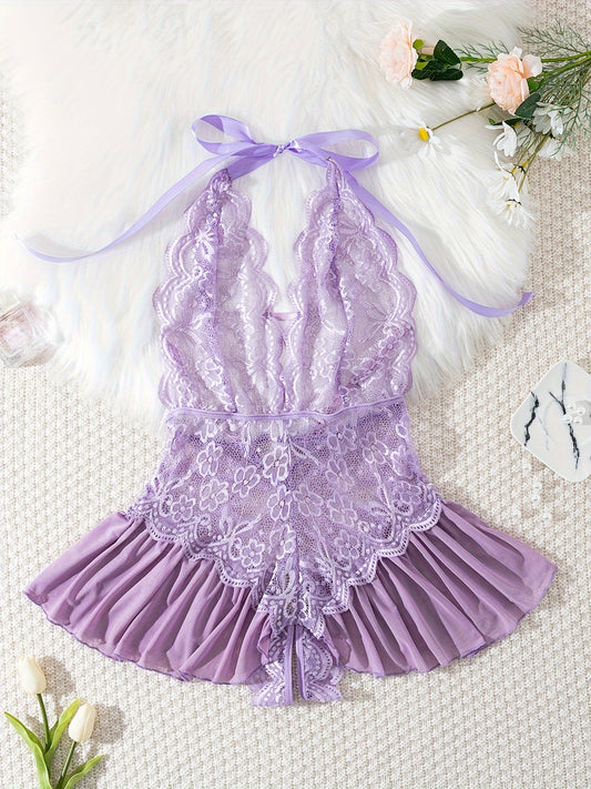 Solid purple lace teddy with ruffled backless halter bodysuit - women's sexy lingerie & underwear.