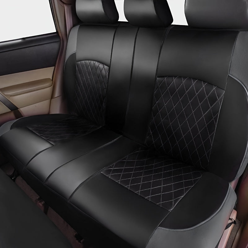 Universal 5-seater car seat cover with PU Leather diamond pattern, including full set of breathable synthetic PU Leather covers. Features airbag compatibility, zipper design, and fits all