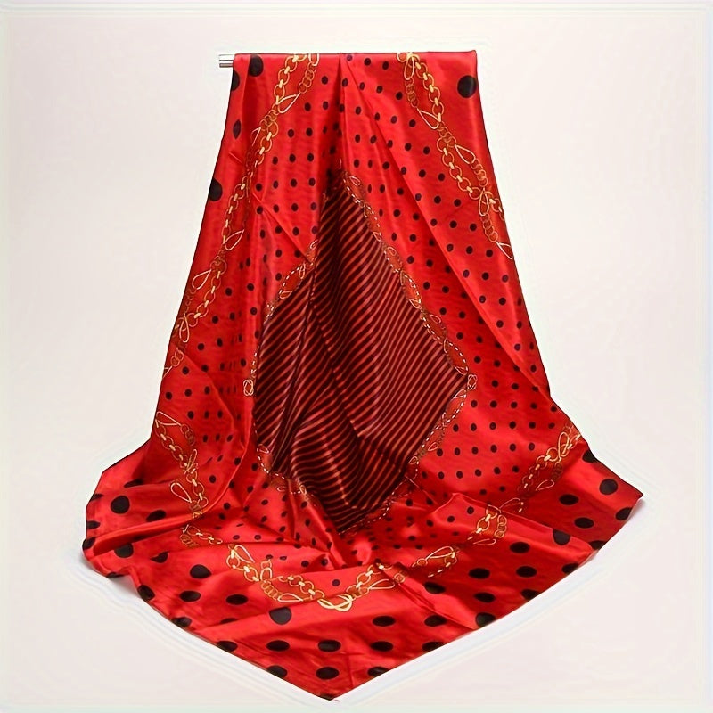 Lightweight silk faux scarf with fashion satin polka dot print, measures 88.9cm square.