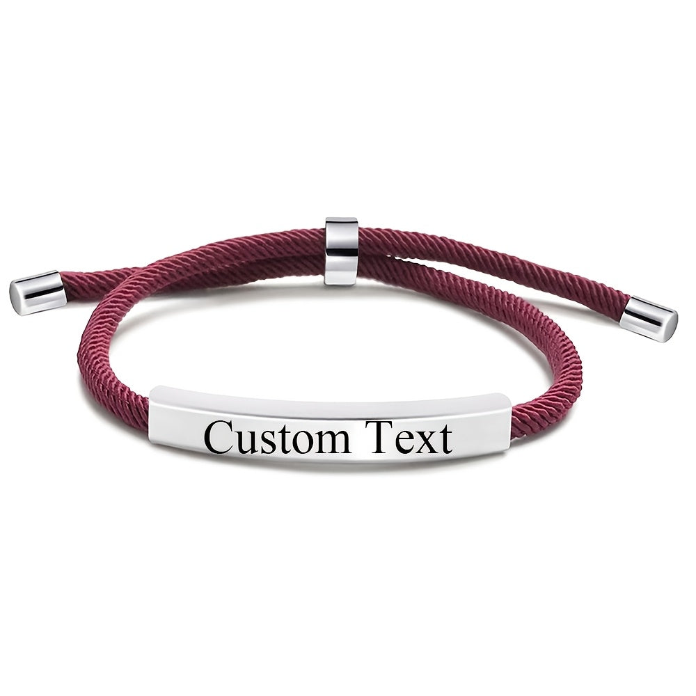 Personalized Name and Date Stainless Steel Bracelet - Adjustable and Customizable for Valentine's Day or Wedding Gifts. Available in Red, Grey, Wine Red, Blue, Green, and Black. Perfect for Fashionable Guests.