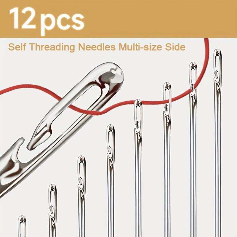 Set of 6 or 12 Side Hole Self-Pass Sewing Needles designed for elderly users, includes multiple sizes for DIY hand sewing.