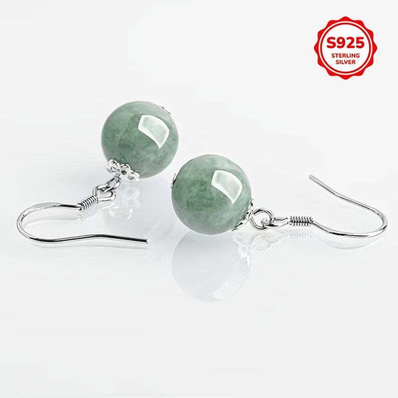 Luxurious Tribal Style Dangle Earrings with Synthetic October Birthstone Jade, S925 Sterling Silver Plated, Featuring Fashionable Imitation Jade Pendant. Perfect for Daily Wear or Gifting, Ideal accessory for Christmas Holiday Parties.