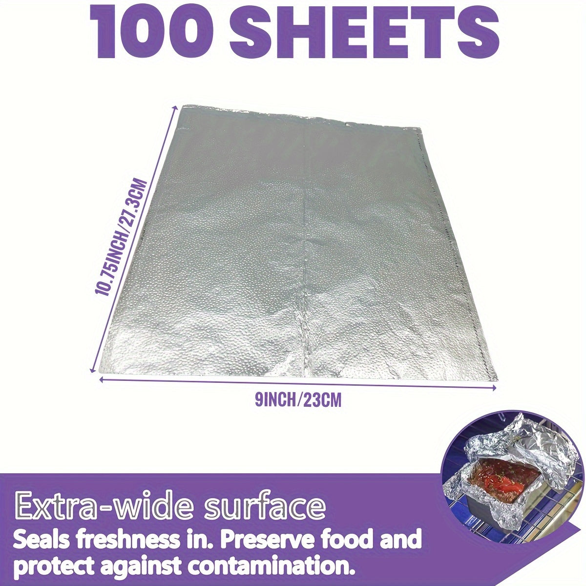 100 pre-cut aluminum foil sheets in one box, each sheet measuring 9/12x10.75 inches. These extra wide and heat-tolerant foil sheets are made from 100% aluminum, perfect for food wrapping, grilling, and freezing. Comes in a convenient dispenser for easy