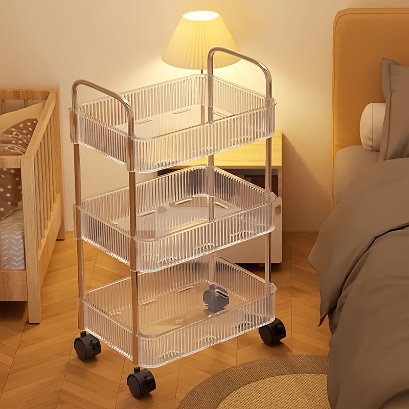 Acrylic rolling storage cart with 3/4 layers, transparent design, 360° rotating wheels, ideal for bedrooms, bathrooms, and kitchens.