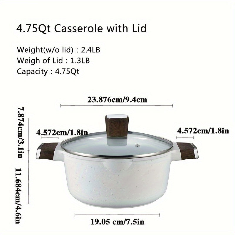 Nonstick Cookware Set includes 10 pieces of aluminum kitchen pots and pans, as well as a frying pan, casserole, saucepan, lids, and utensils. This set is compatible with all stovetops.