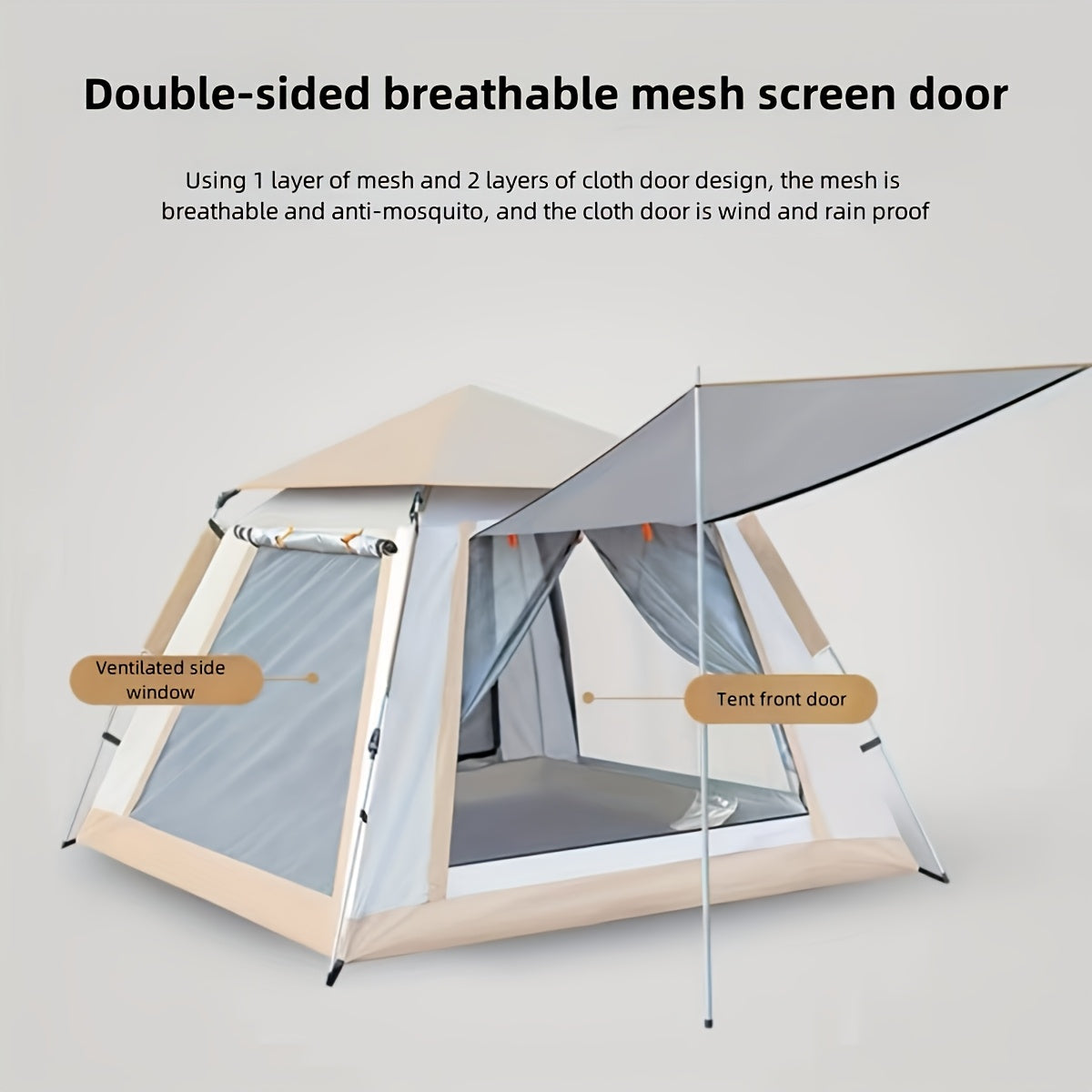 Portable and foldable 6-person family camping tent with automatic setup, ventilated sunshade, and all-season polyester fabric.