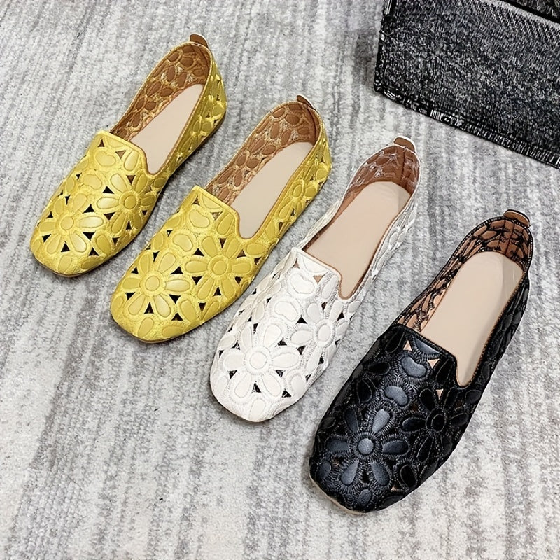 Women's floral pattern slip-on flat shoes with hollow-out design, lightweight and comfortable.