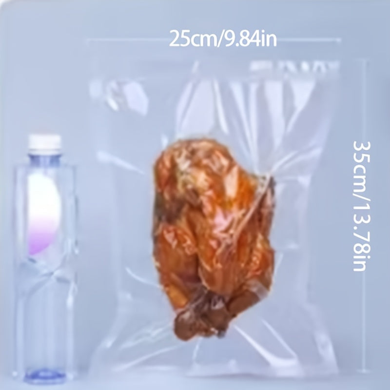 100 vacuum sealed food bags made of silk and transparent polyester nylon material. These bags are designed for vacuum compression and plastic sealing to keep food fresh. They have a glossy commercial finish.