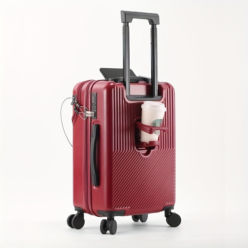 Compact 20-inch carry-on with cup holder and retractable handle.