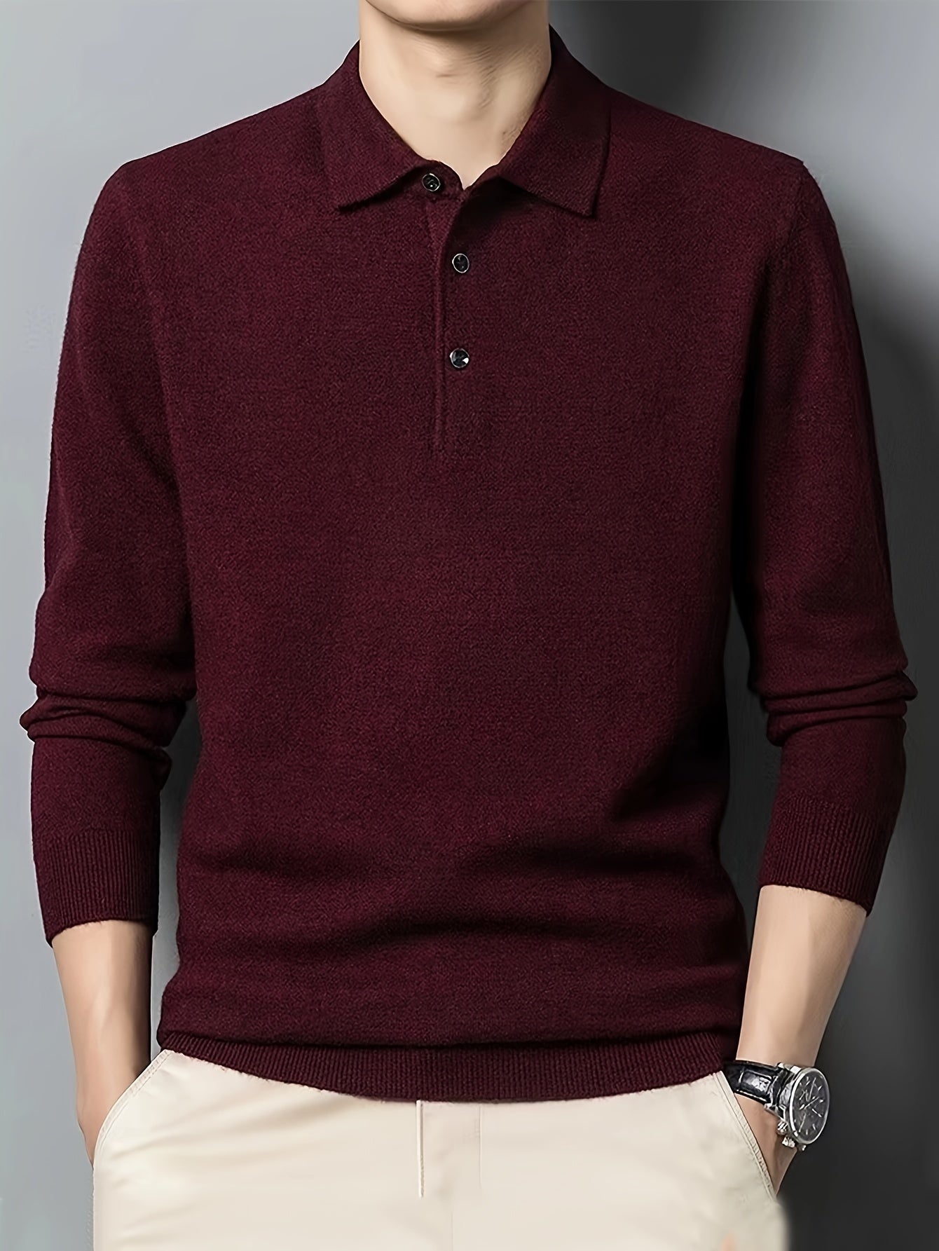 Men's buttoned long sleeve thermal sweater, ideal for fall/winter casual wear.