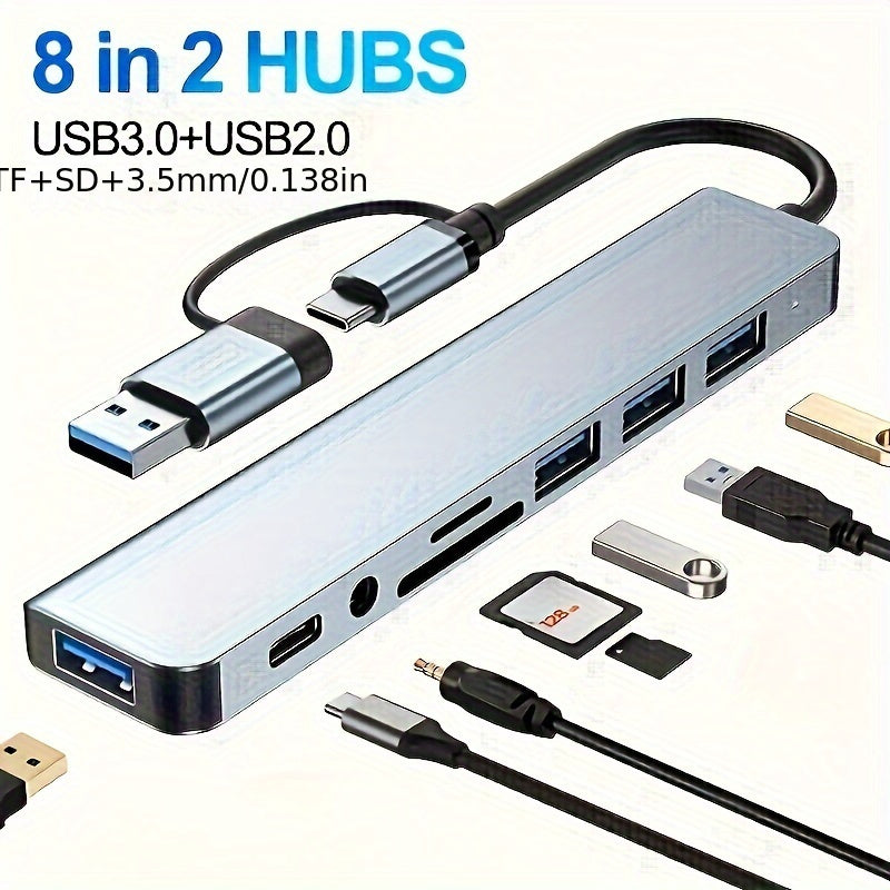 USB hub with audio jack, 8 ports, tablet-compatible, USB-powered, 5V operating voltage.