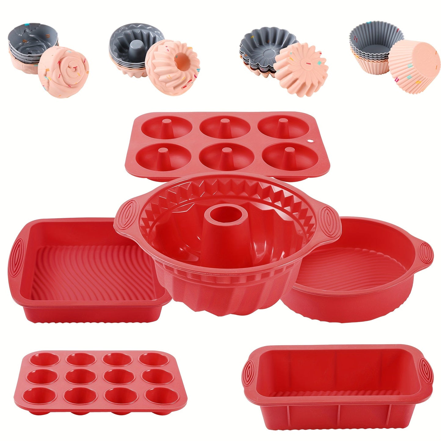 A 30-piece silicone kitchen baking supplies set includes nonstick silicone bakeware such as a baking pan, cake molds, baking sheet, donut pan, muffin pan, and cake pan, as well as a 24-pack of silicone cupcake mold baking cups.