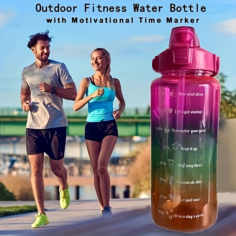 Set of 3 gradient color motivational water bottles (64oz, 32oz, 15oz) with mobile phone holder, food grade material straw cup, 2 stickers. Perfect for home and outdoor use, ideal Christmas gift.