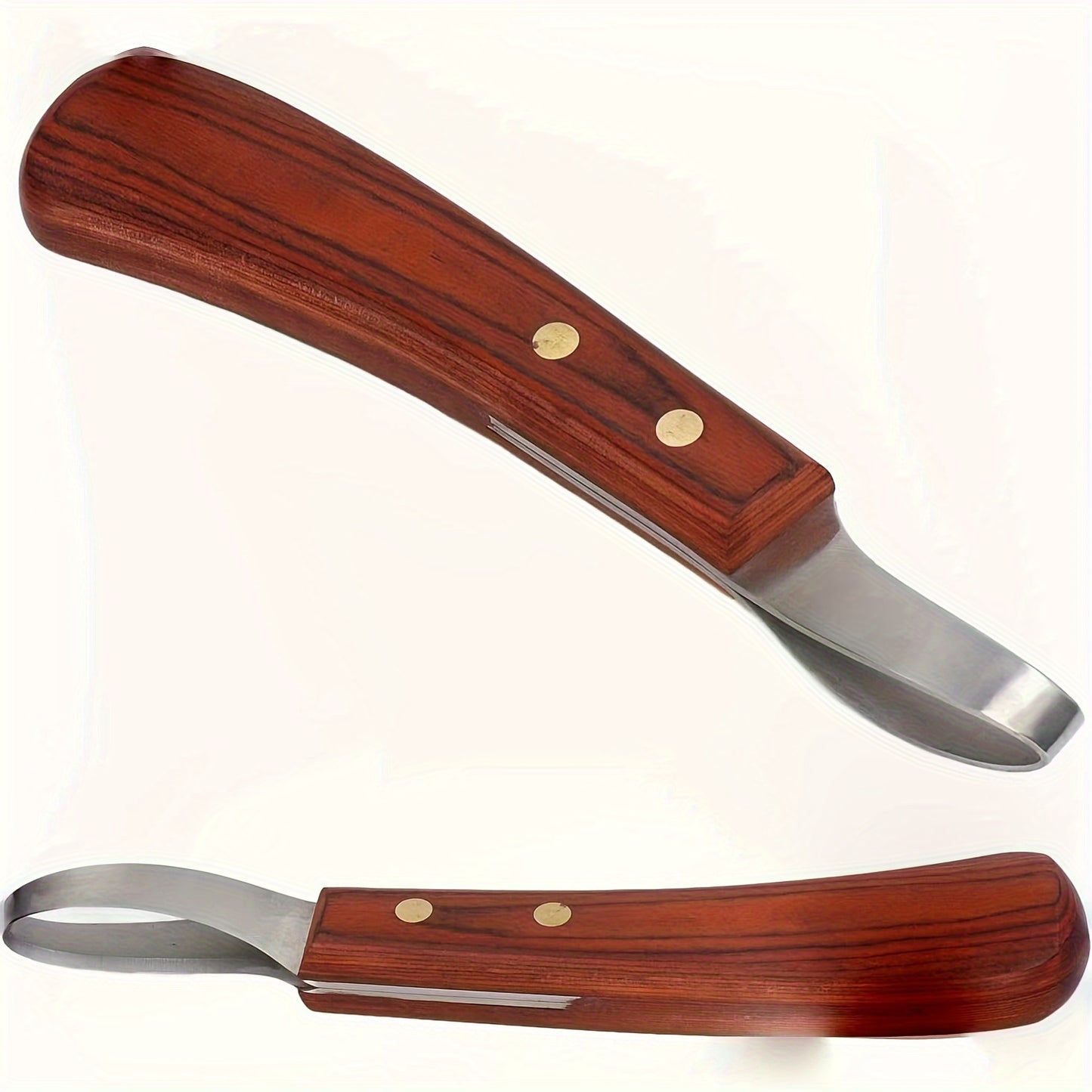 Double-edged horseshoe trimming knife with stainless steel blade and wooden handle for horses.