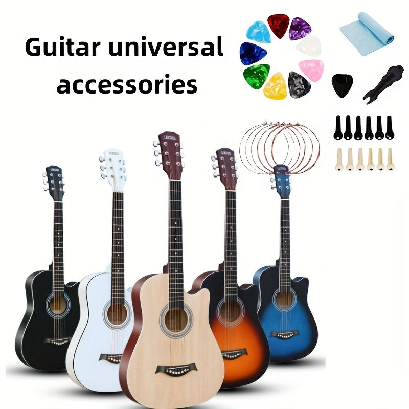 Popular guitar accessory set includes string pick adjustment clip and three-in-one string changing tool. Color of tuner combination is random. Designed for beginners.