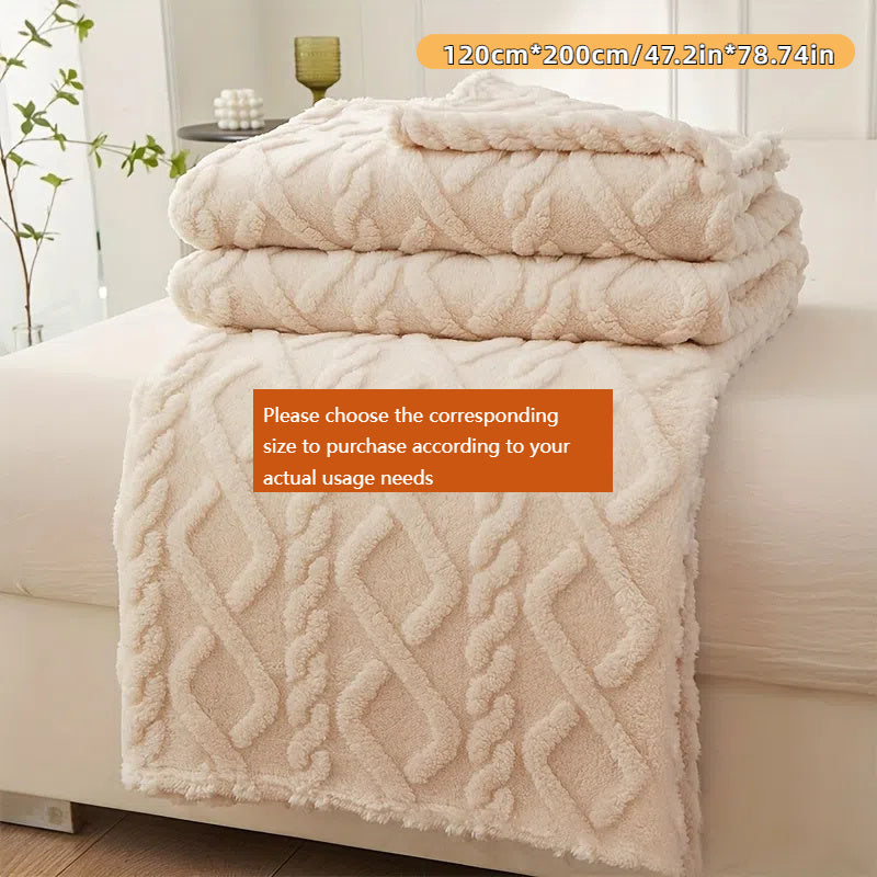 1pc Cozy Plush Fleece Blanket in chic diamond design, perfect for bed, sofa, or travel. Soft, thick, and warm for all-season comfort. Hand wash only. Available in light green, cream, blue, and pink options. Great for travel or adding chic style to your