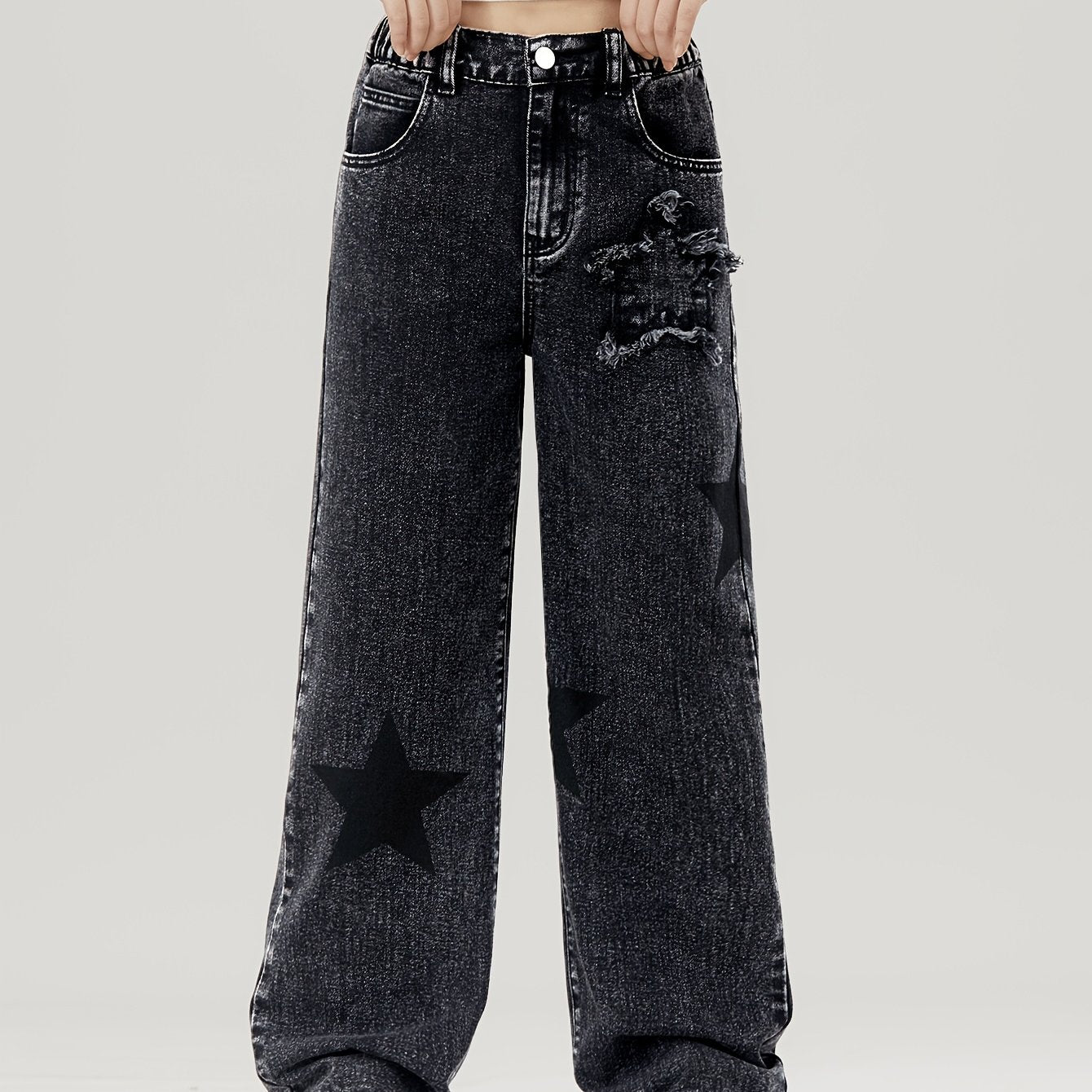 Youngsters' wide-leg denim jeans with star pattern, elastic waistband, comfort fit, machine washable. Perfect for everyday outings and comfortable playwear. Nonstretch denim.