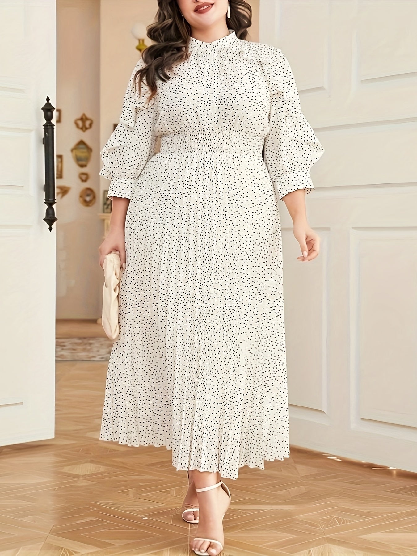 1pc Elegant Plus Size Polka Dot Print Dress in Polyester with Structured Fit and Stand Collar, non-stretch woven fabric, ideal for Spring/Autumn