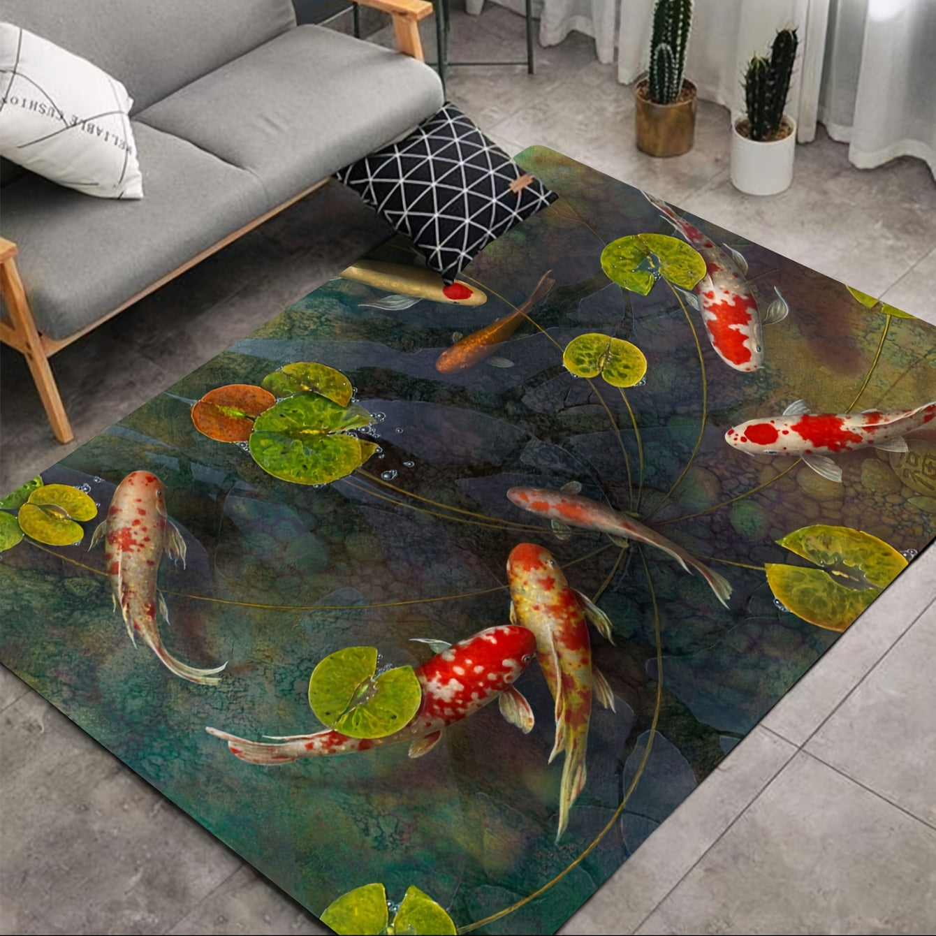 Hand-painted style rug featuring a Koi fish pattern, perfect for welcoming guests in your entrance or as a decorative piece in your living room, bedroom, dining room, kitchen, reading room, or laundry room.