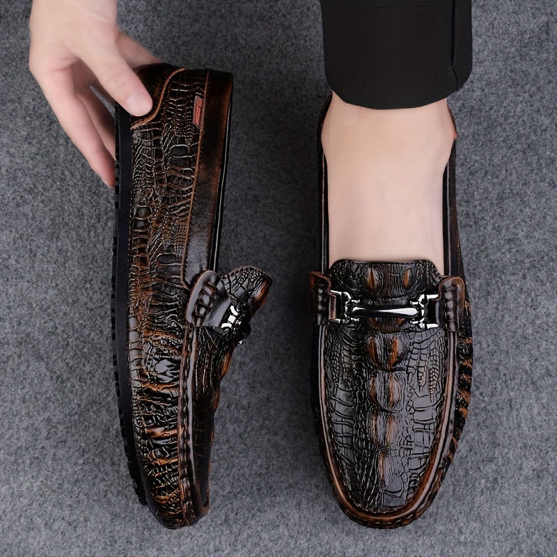 Men's lightweight slip-on loafers made of split cow leather with solid color. Features a comfortable non-slip rubber sole, suitable for casual or dress wear.