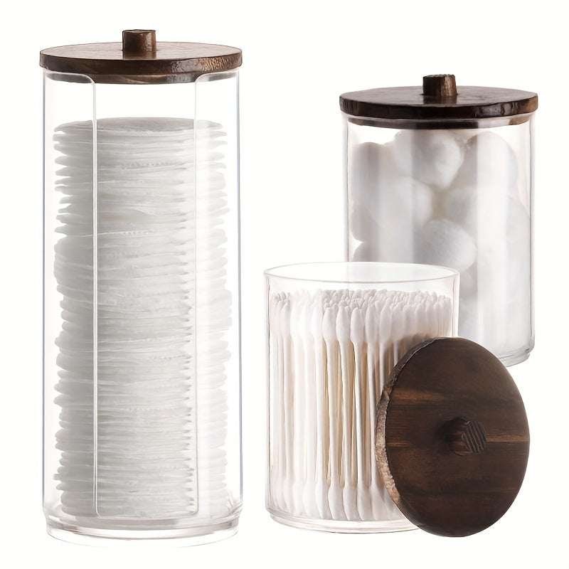 3-piece Boho Chic Swab Holder Set with Bamboo Lids for Bathroom Storage.