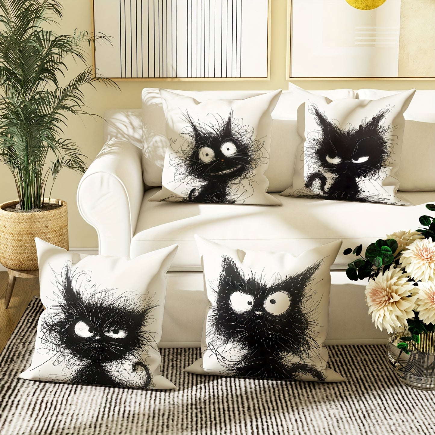 4pcs velvet throw pillow covers featuring funny cat designs in black and white. Perfect for living room or bedroom decoration, measuring 45.72cm*45.72cm, inserts not included.