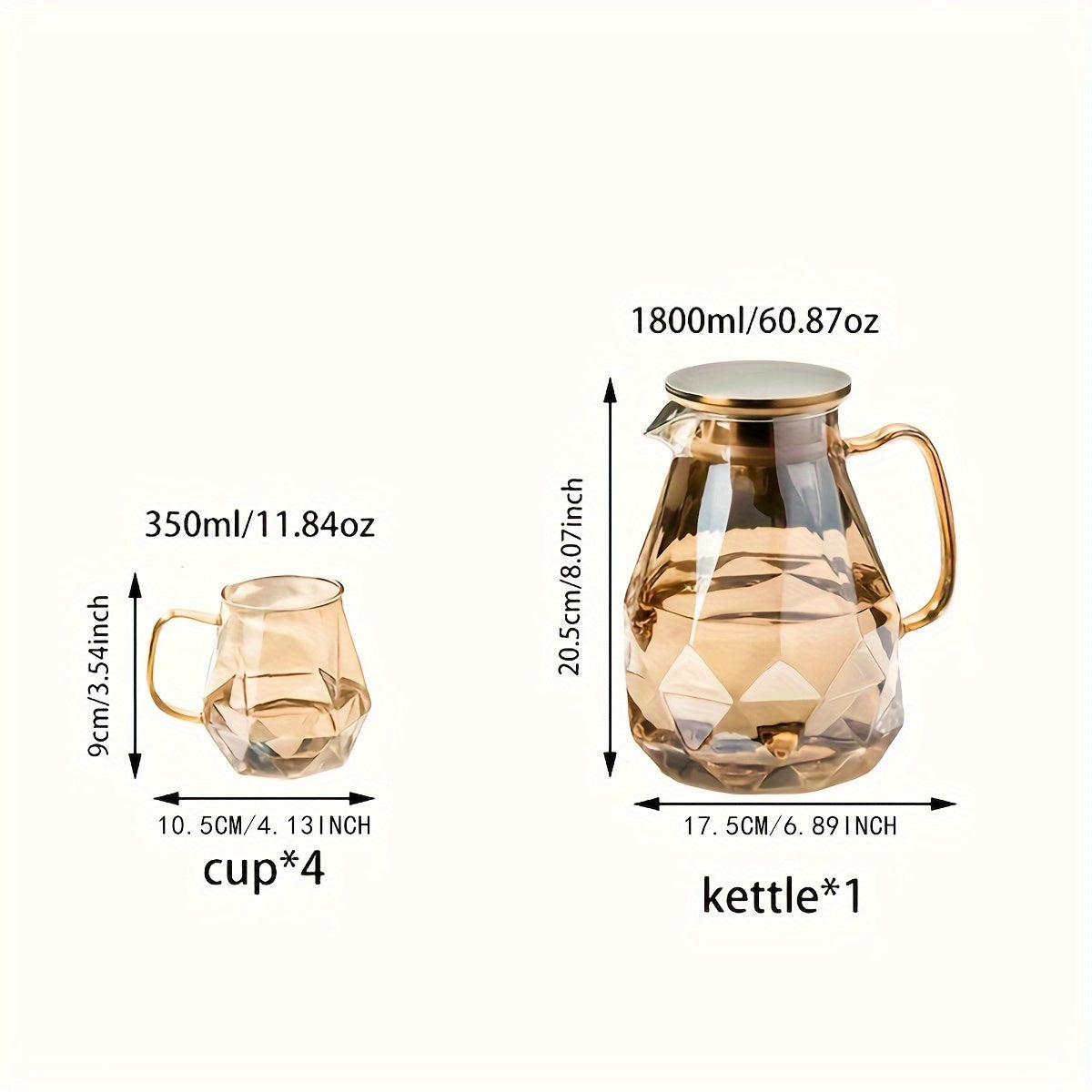 1pc 1800ml cold water kettle and 4pcs 350ml glass water kettle, heat-resistant and large capacity, including diamond teapot and water cup.