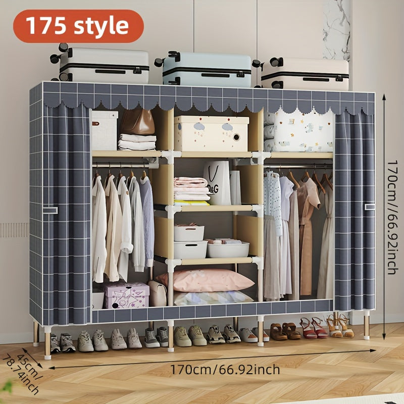 Solid color wide assembly with 10 shelves, 3 hanging rods, and plaid fabric. Portable closet for organizing wardrobe.