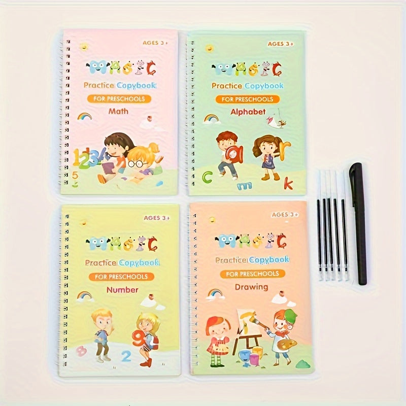 English handwriting practice workbooks for kids - full version with grooved pages, magic writing stickers, bonus pen. Colorful and educational English writing notebook.