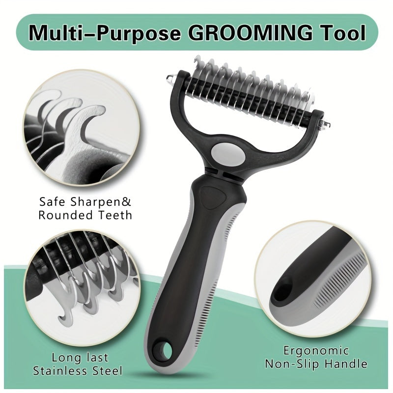 Dual-sided dog grooming brush removes knots and undercoat easily.