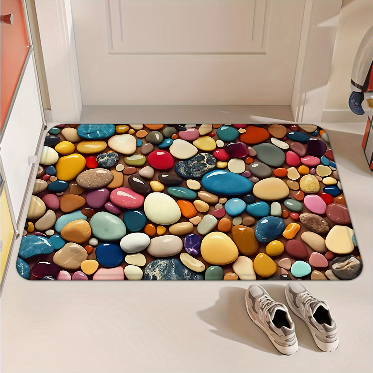 This bath rug features a stylish pebble pattern and is made from 100% polyester flannel for a soft and luxurious feel. It is non-slip, absorbent, and quick-drying, making it perfect for use in the shower. This mat is also machine washable, making it easy