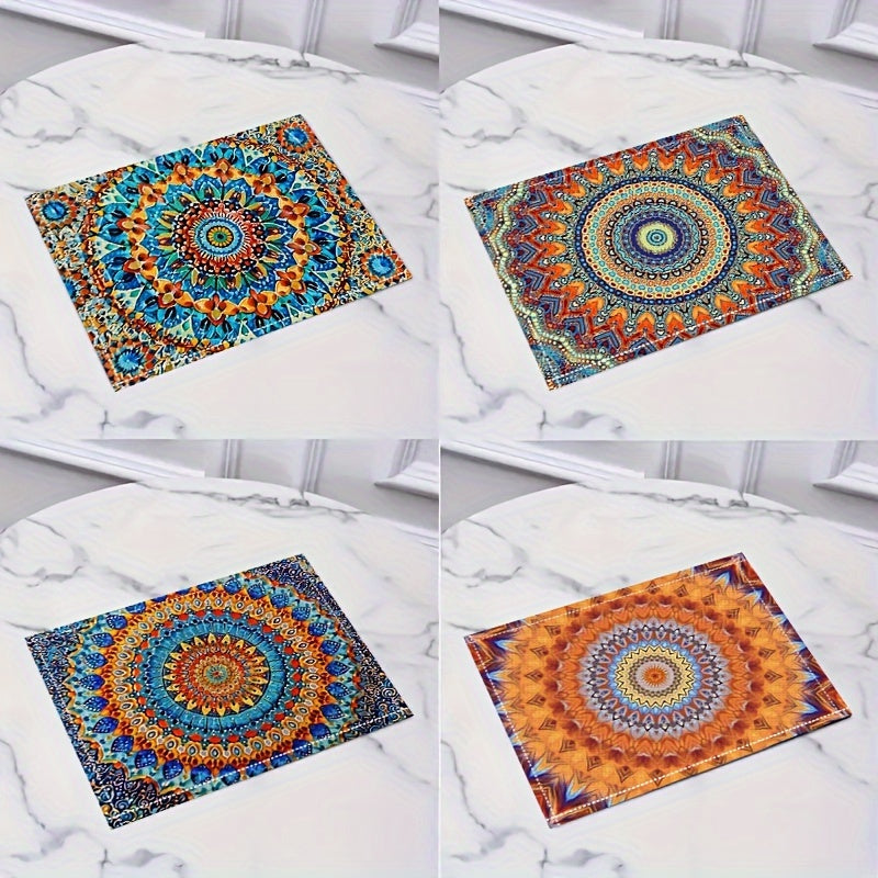 4 Mandala-style placemats with a Persian Bohemian design, heat resistant and washable, suitable for home and restaurant use.