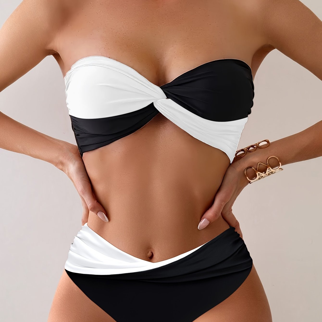 COZOK Women's Two-Way Strapless Bikini in Black and White, High Stretch Knit, Solid Color with Frill Detail, Perfect for the Beach.