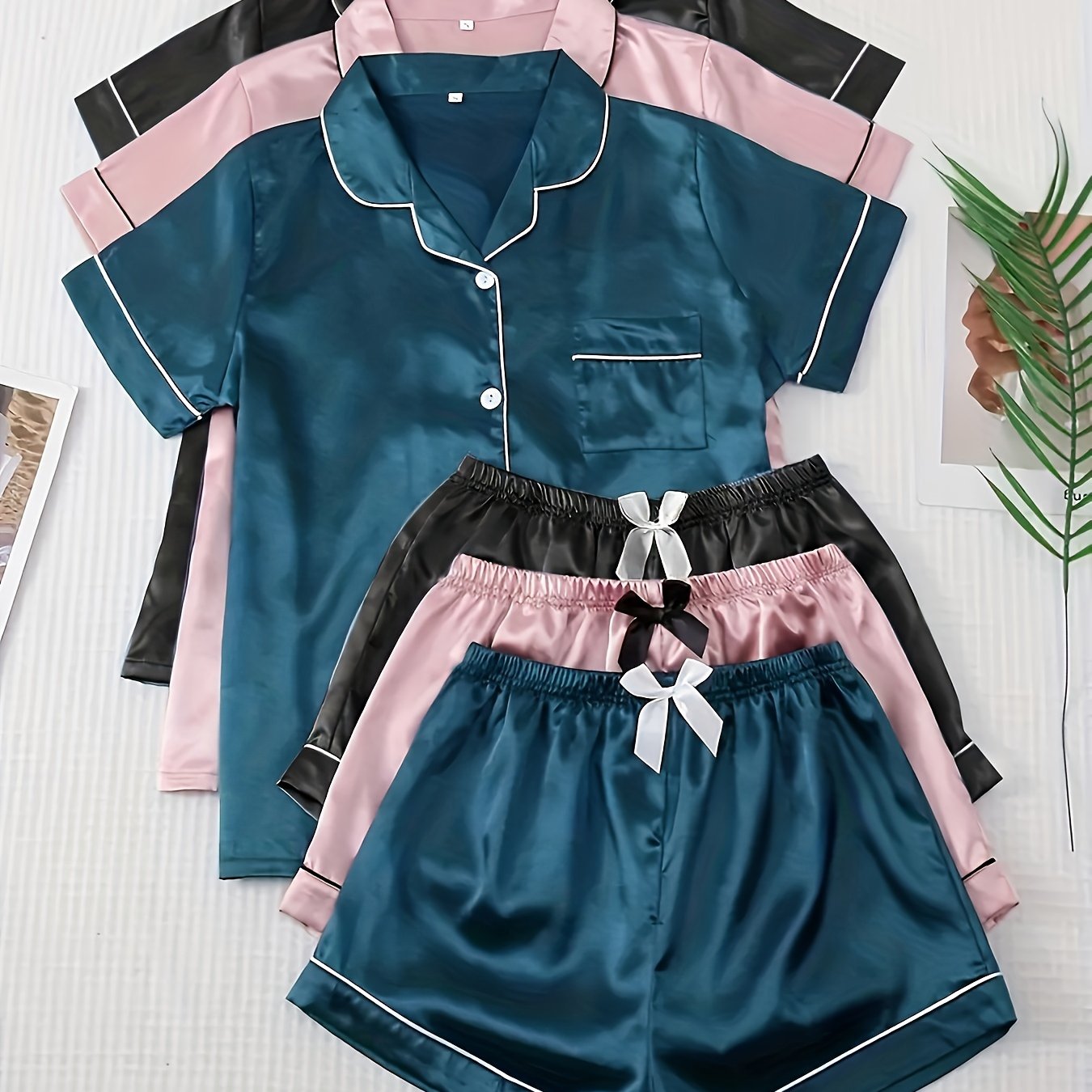 3 sets of satin pajama sets with short sleeve collar tops and bow shorts for women's loungewear.